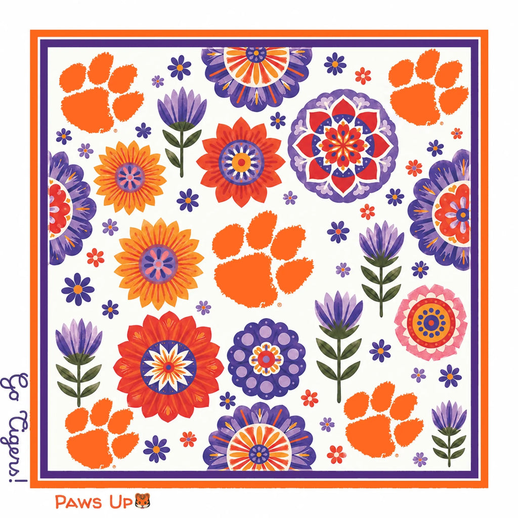 Honey Square: Clemson University flat artwork: orange tiger paws and purple, orange and red folk florals, orange and purple border, Go Tigers! and Paws Up