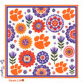 Honey Square: Clemson University flat artwork: orange tiger paws and purple, orange and red folk florals, orange and purple border, Go Tigers! and Paws Up