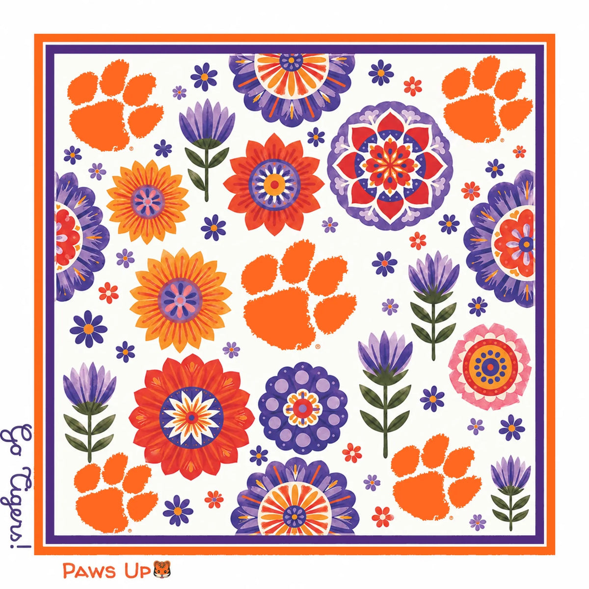 Honey Square: Clemson University flat artwork: orange tiger paws and purple, orange and red folk florals, orange and purple border, Go Tigers! and Paws Up