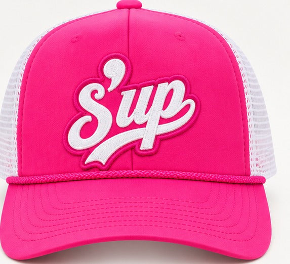 Front view of the Honey Lid S'up hot pink trucker hat with white mesh side panels