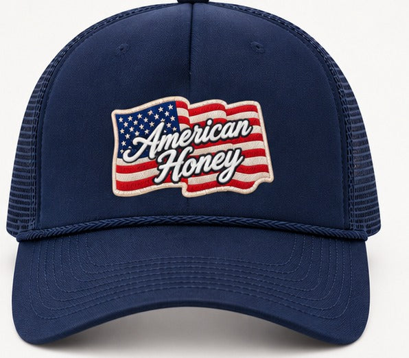 Front view of the navy Honey Lid with raised American Honey flag embroidery