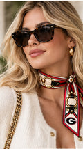 Georgia Honey Ribbon worn as a neck tie in red, black and cream silk twill