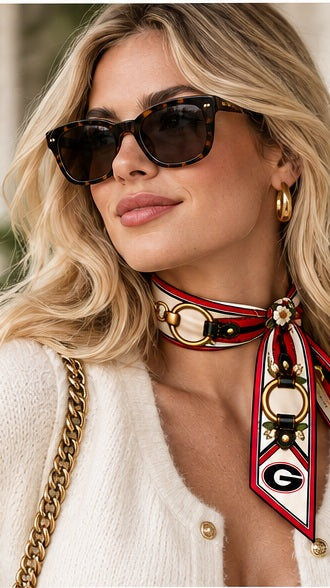 Georgia Honey Ribbon worn as a neck tie in red, black and cream silk twill