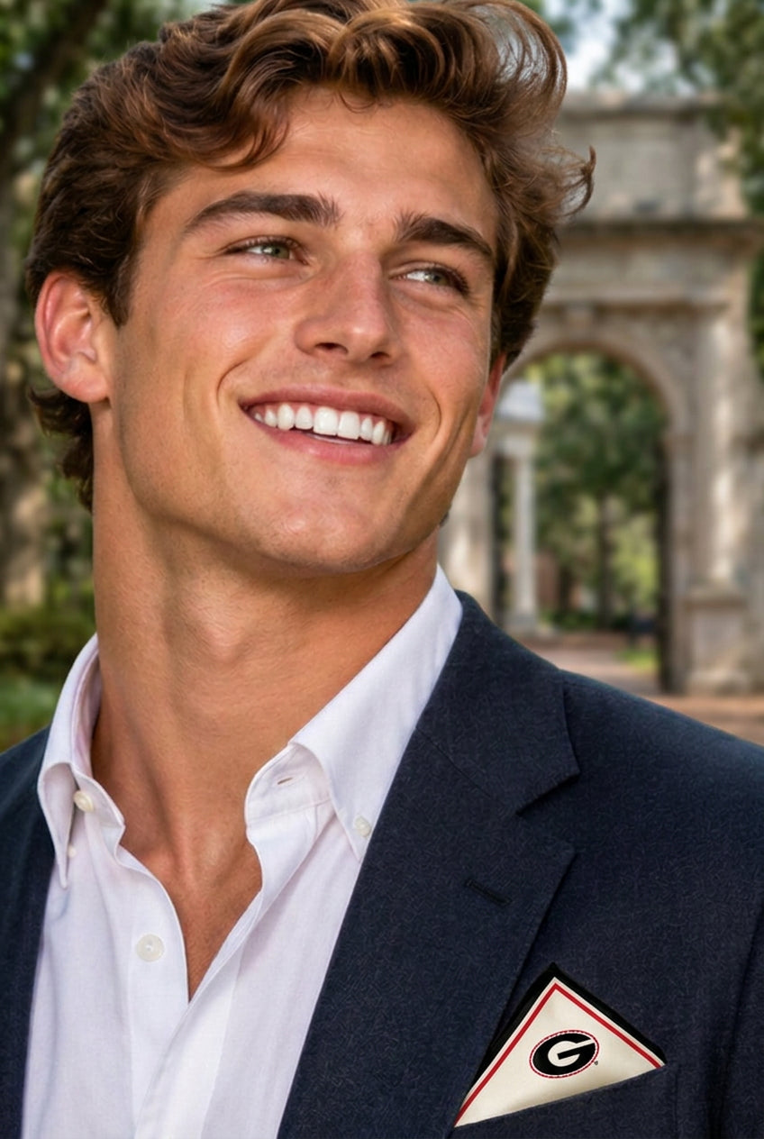 Young man in a navy blazer and white open-collar shirt wearing the University of Georgia Honey Pocket folded in his breast pocket