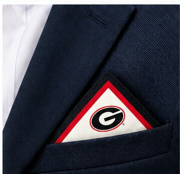 Georgia Honey Pocket square folded in a navy blazer pocket