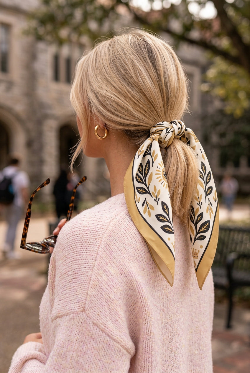 Vanderbilt Square tied in a ponytail