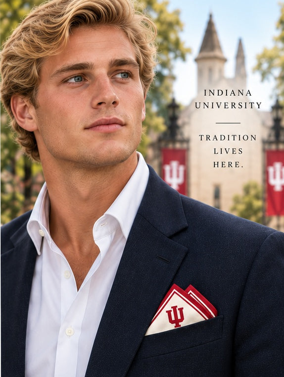 Male model in navy blazer wearing the Honey Pocket: Indiana University silk pocket square