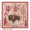 The Honey Square: Indiana University — 26 inch square 100% cotton voile bandana in crimson and blush, folk-art florals and trees surrounding a bison with the IU trident logo, bordered in crimson