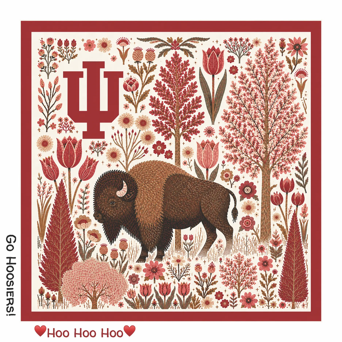 The Honey Square: Indiana University — 26 inch square 100% cotton voile bandana in crimson and blush, folk-art florals and trees surrounding a bison with the IU trident logo, bordered in crimson