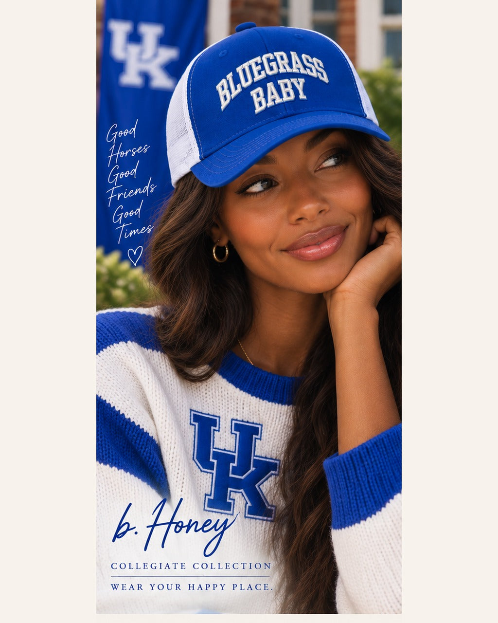 Model wearing The Honey Lid: University of Kentucky, a blue and white Richardson 115 trucker cap with Bluegrass Baby embroidery