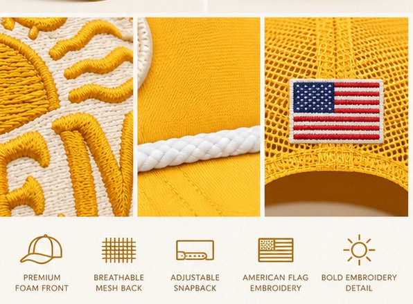 Honey Lid Carpe Diem details — premium foam front, breathable mesh back, adjustable snapback, American flag embroidery, bold embroidery detail