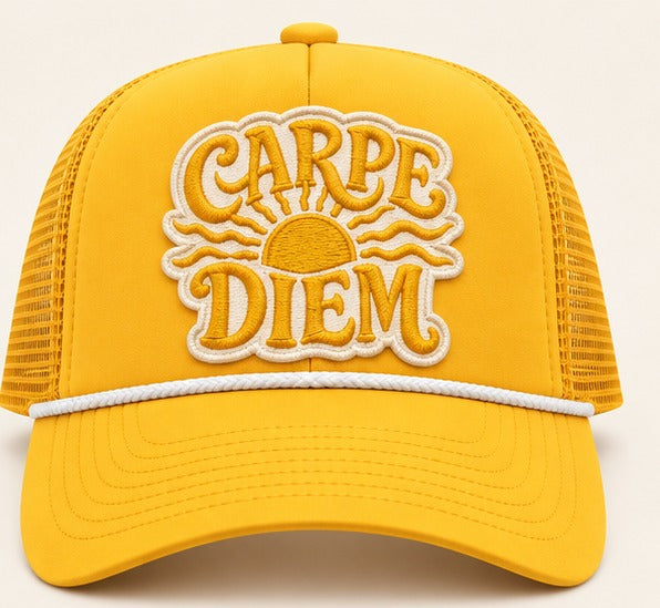 Honey Lid Carpe Diem front view — golden yellow foam front with raised cream sunrise Carpe Diem embroidery and rope detail