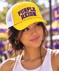 b.Honey Lid LSU Purple Reign: LSU gold (PMS 123 C) trucker with purple (PMS 268 C) puff embroidery and white mesh back