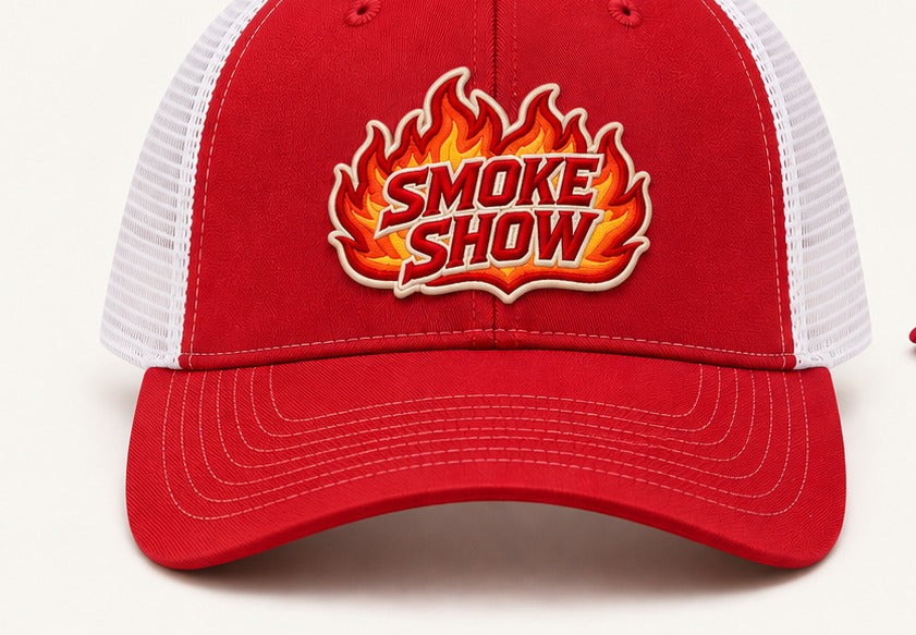 Honey Lid Smoke Show front view — red front panel with raised flame Smoke Show patch and white mesh