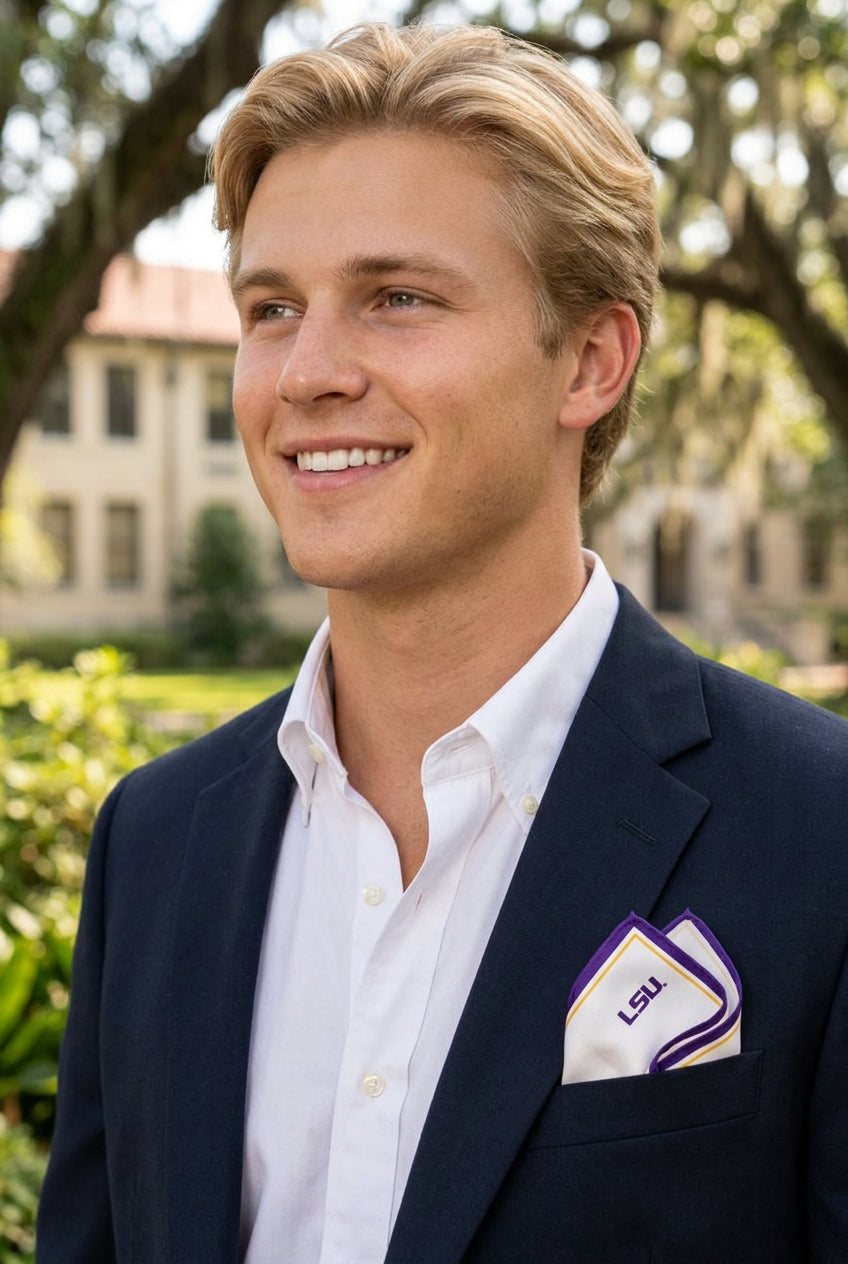 b.Honey Pocket™: Louisiana State University worn in a navy blazer