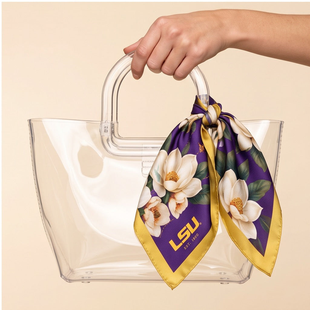 Louisiana State Honey Scarf on lucite handle bag