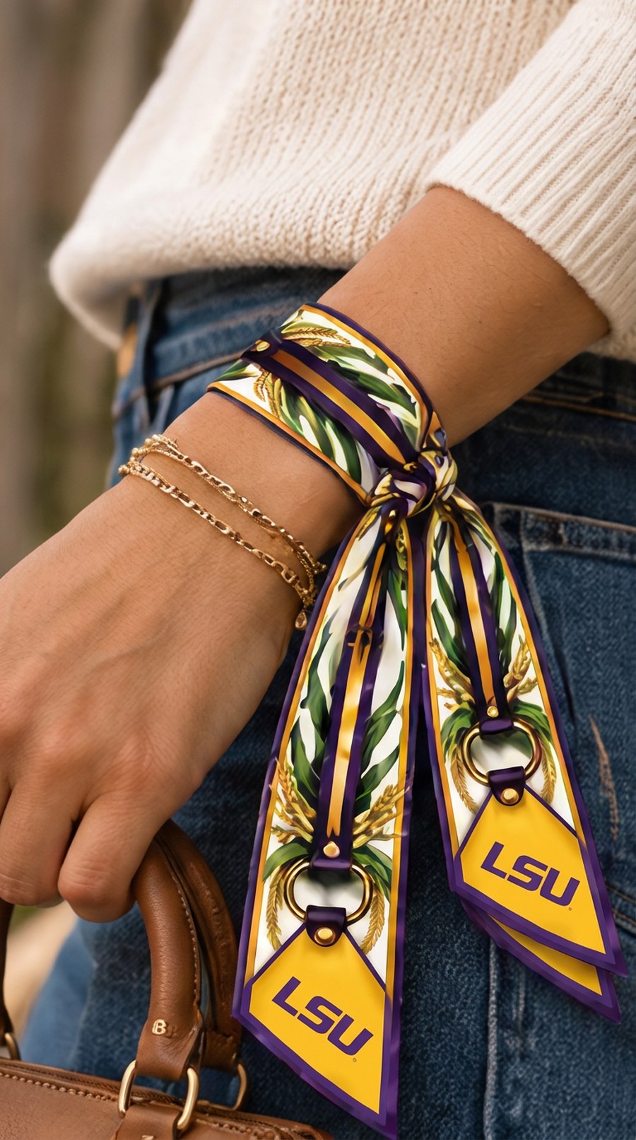 Honey Ribbon Louisiana State University worn at the wrist