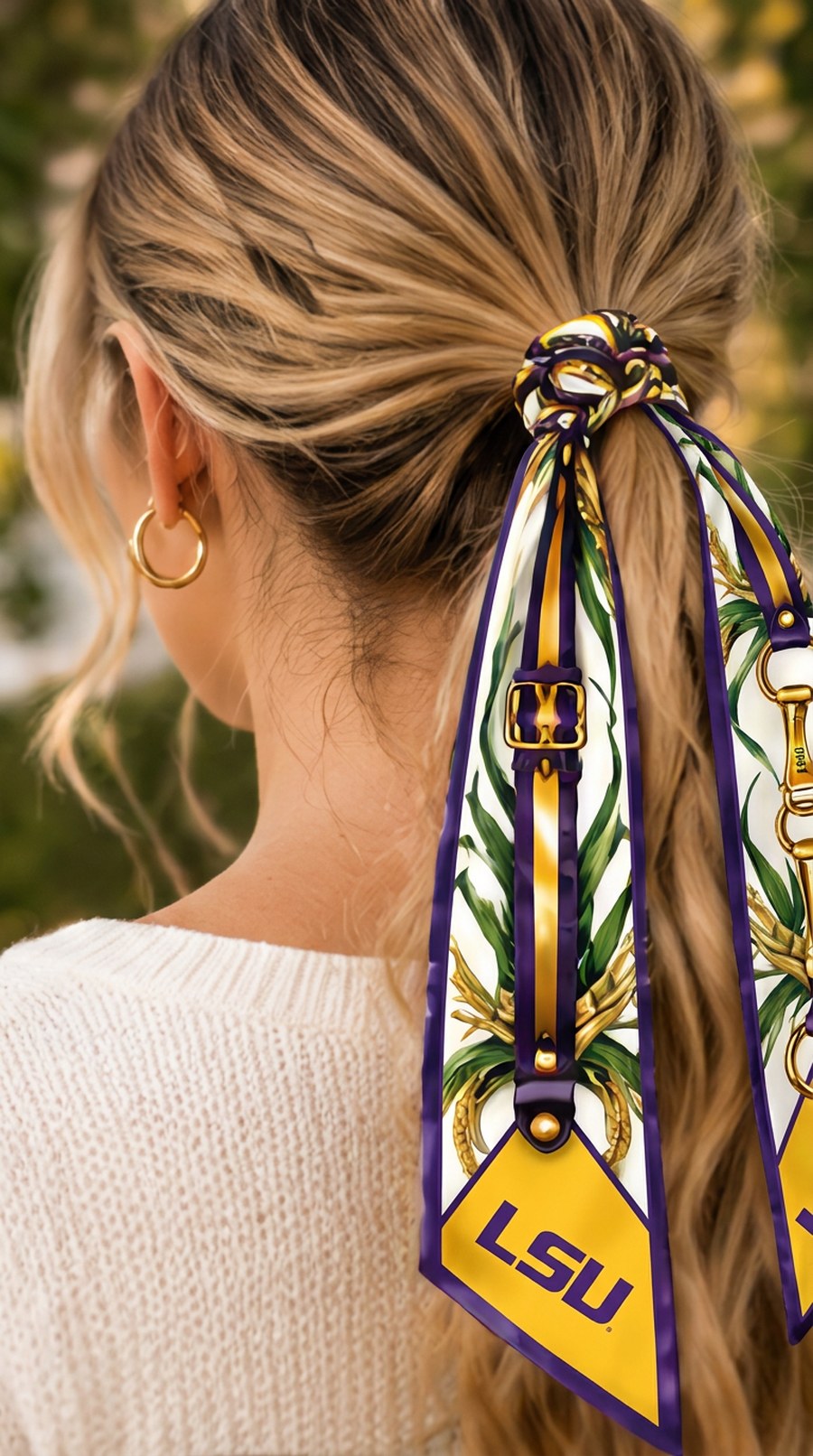 Honey Ribbon Louisiana State University worn in the hair