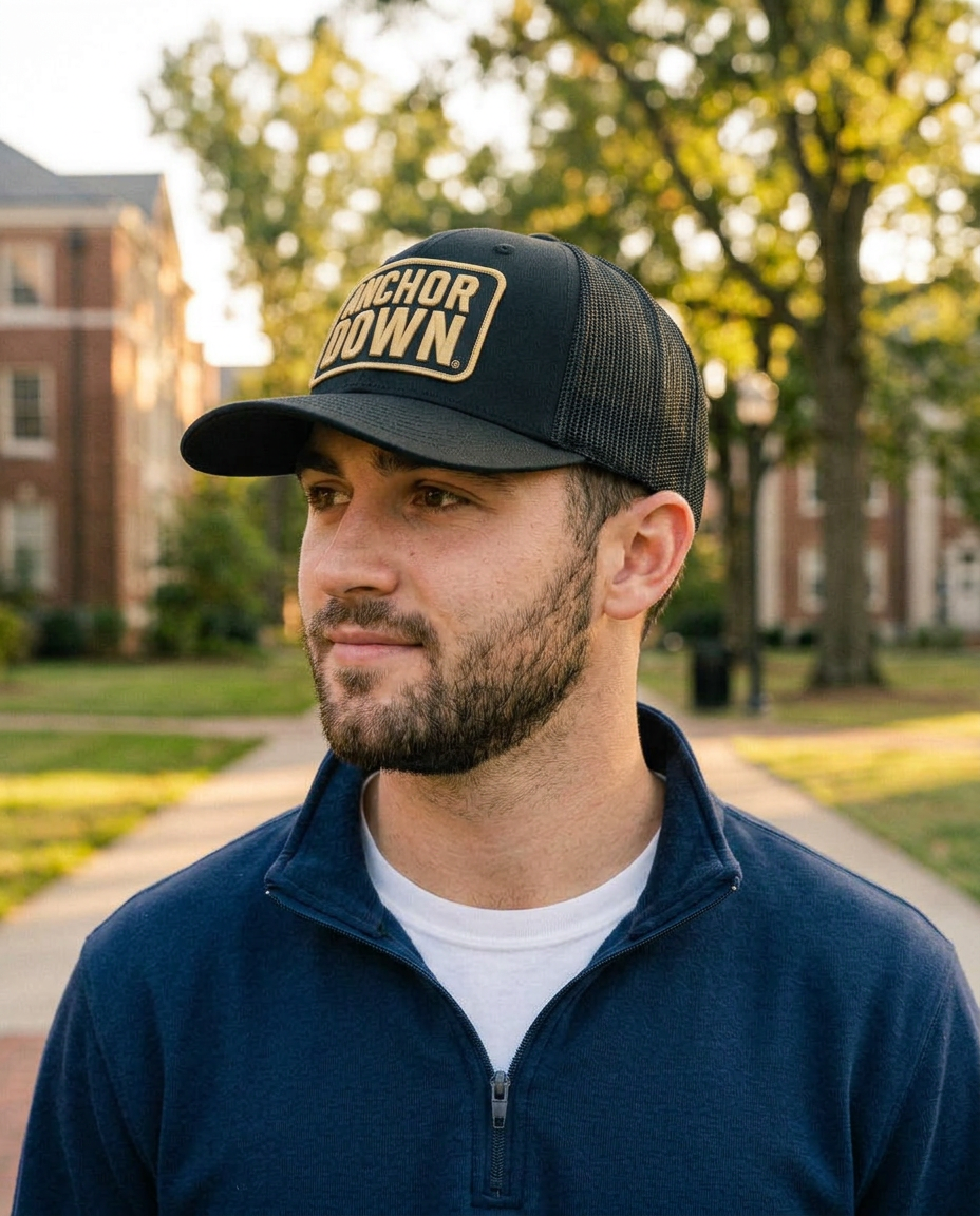 Man wearing the b.Honey Lid: Vanderbilt University in All Black, turned to the side