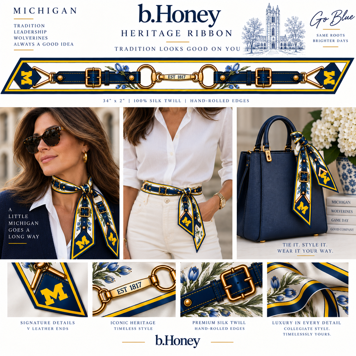 University of Michigan Honey Ribbon Heritage Collection product board — flat artwork, three ways to wear it, and signature details