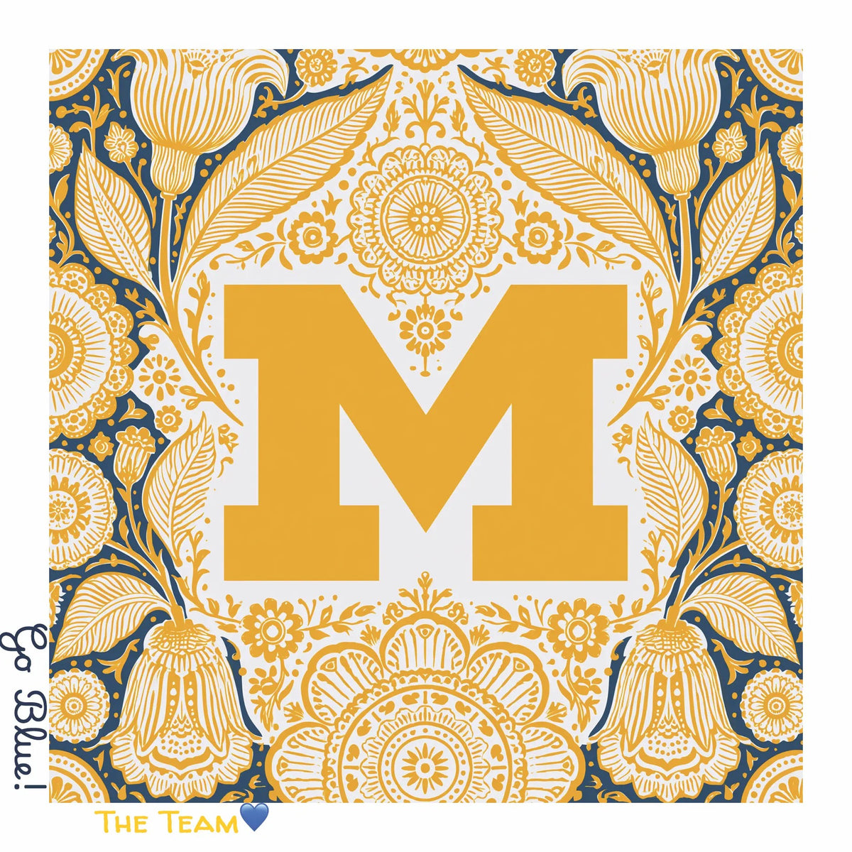 Honey Square University of Michigan 26 inch cotton voile bandana with maize and navy folk-art florals around the block M, Go Blue! and The Team script