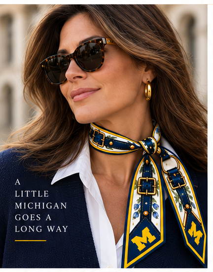 Model wearing the Honey Ribbon: University of Michigan knotted at the neck — navy and maize silk twill with gold equestrian hardware