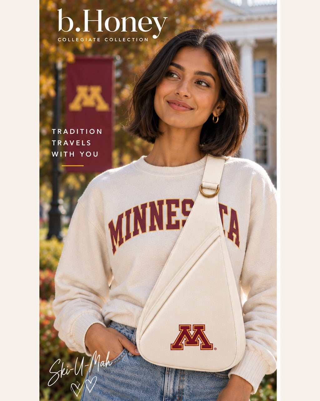 Model on the University of Minnesota campus wearing the cream b.Honey Honey Sling with embroidered maroon and gold Block M