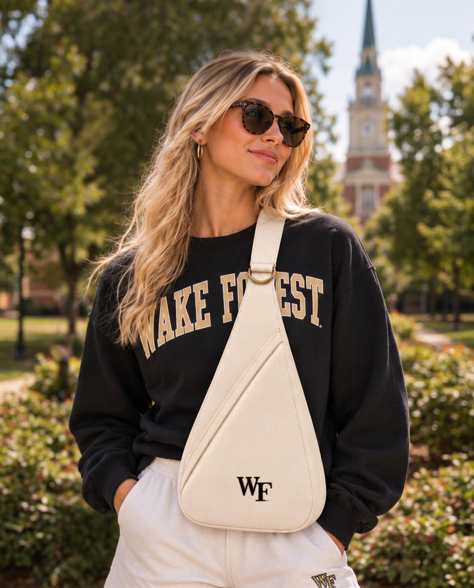 Wake Forest Honey Sling worn crossbody on campus