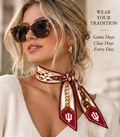 Model wearing Honey Ribbon Indiana University silk twill ribbon scarf, IU logo on both slanted tips
