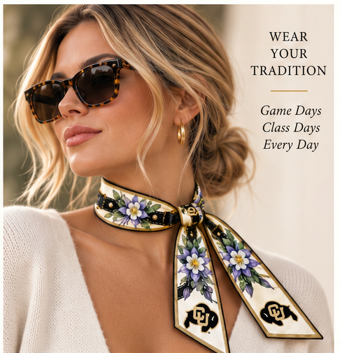 Model wearing University of Colorado Honey Ribbon with the Ralphie mark upright on both tips