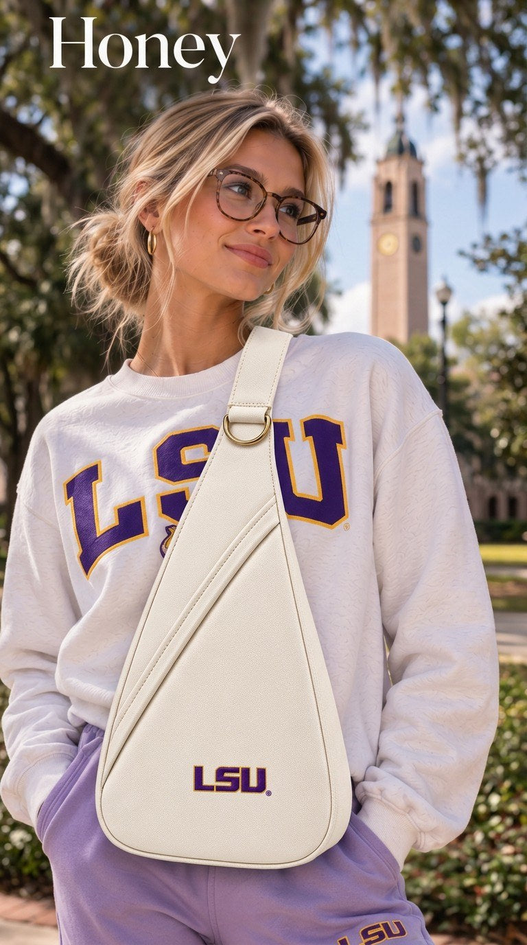 Honey Sling: Louisiana State University worn crossbody