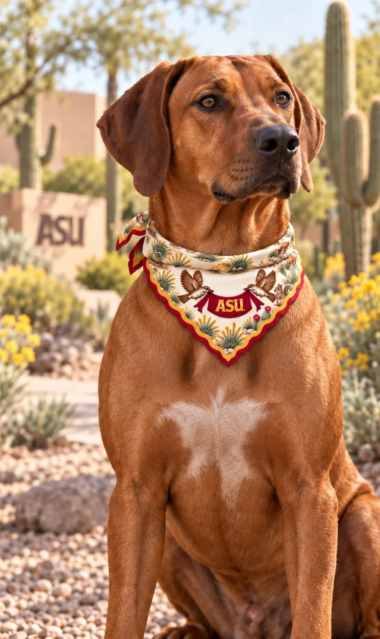 Dog wearing the Arizona State Honey Paw bandana in a Sonoran desert garden