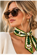 Model wearing the Honey Ribbon University of Oregon silk twill ribbon scarf tied at the neck