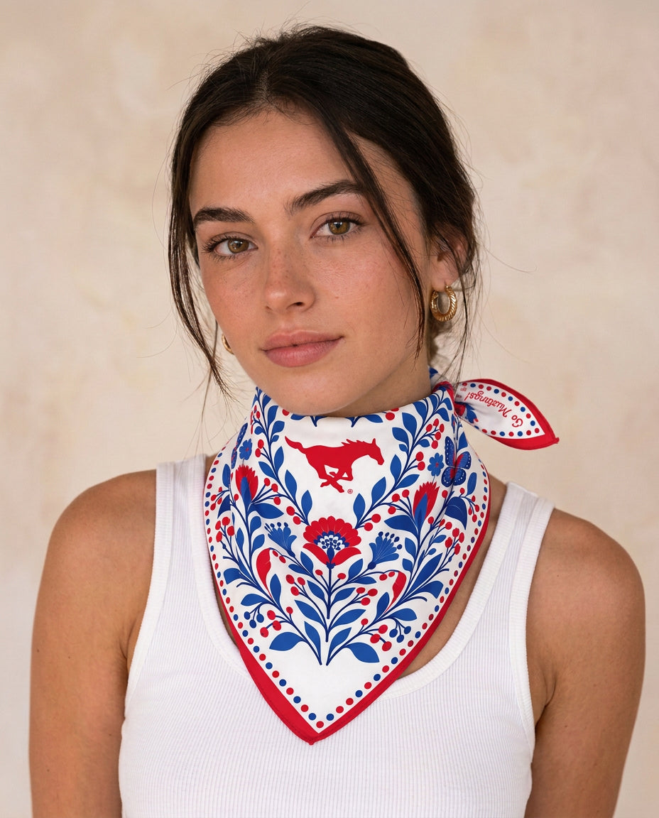 Model wearing the SMU b.Honey Square tied at the neck