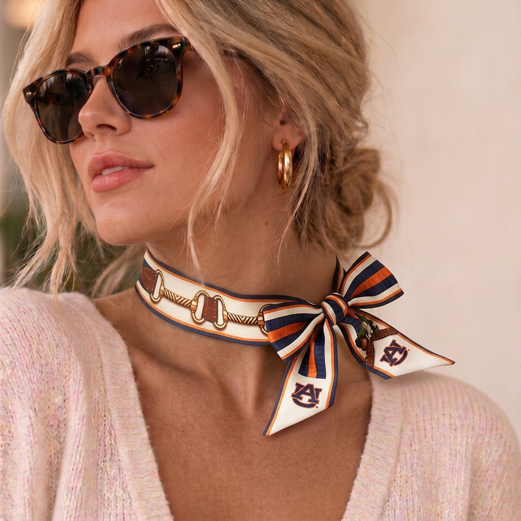 Blonde model wearing the b.Honey Ribbon: Auburn University tied at the neck
