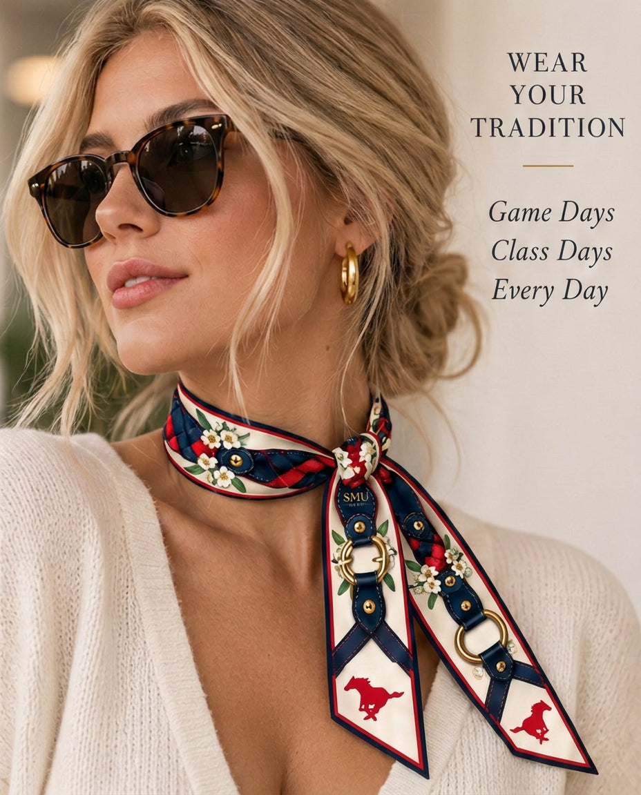 Model wearing the SMU b.Honey Ribbon tied at the neck
