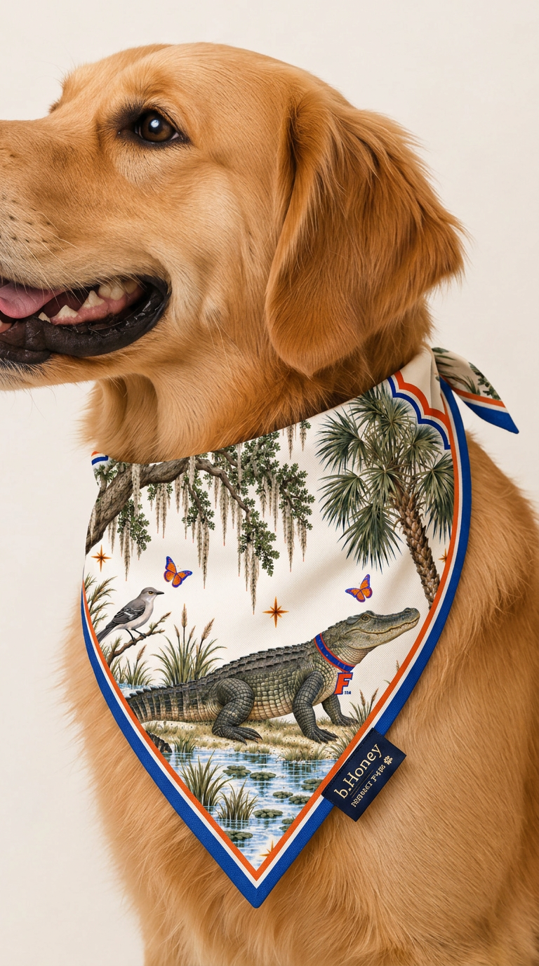 Golden retriever wearing the University of Florida Honey Paw bandana