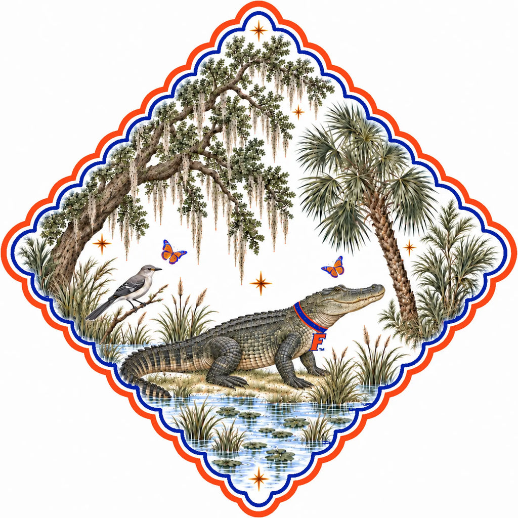 Honey Paw: University of Florida artwork — live oak with Spanish moss, sabal palm, mockingbird and an alligator in a blue and orange collar, scalloped orange and blue border
