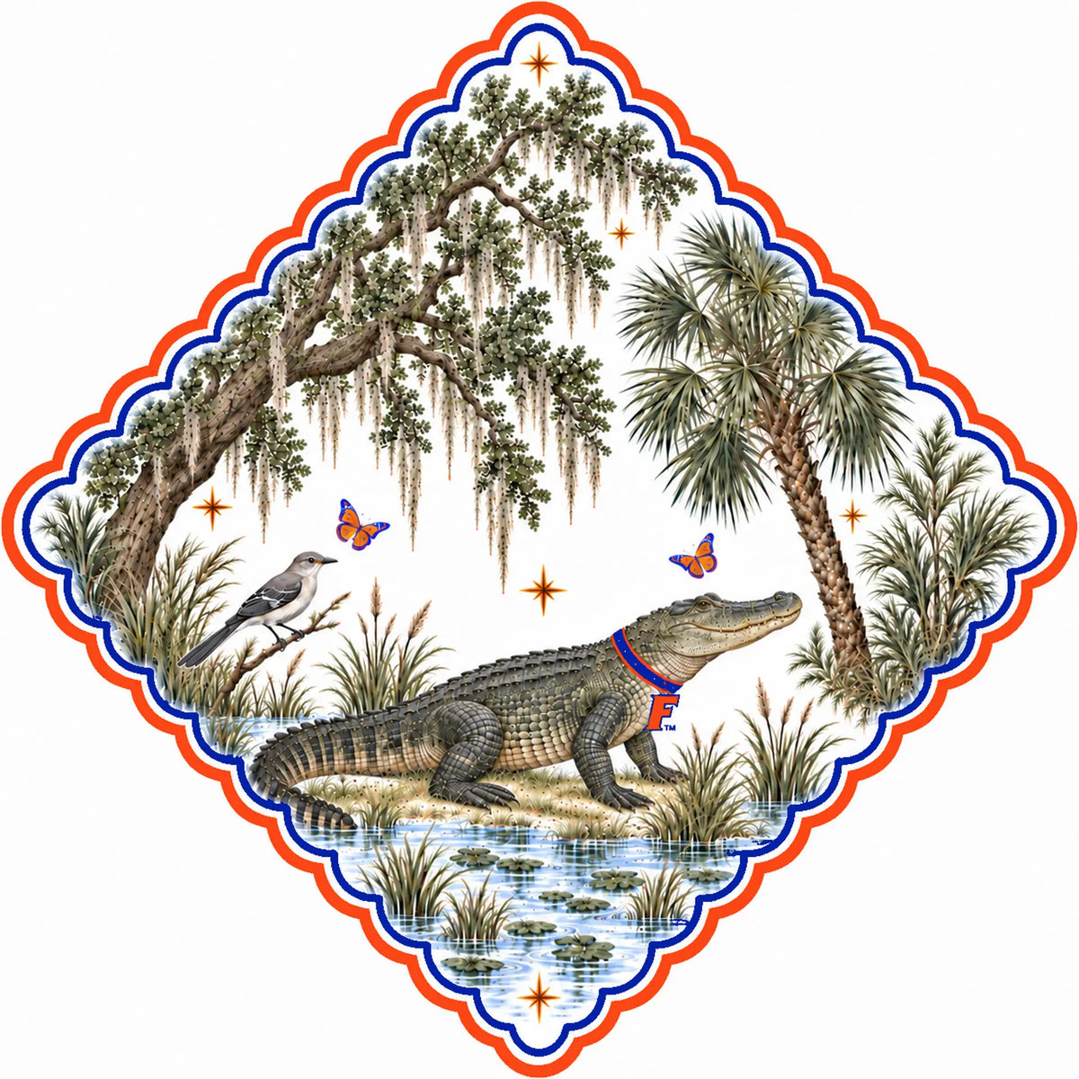 Honey Paw: University of Florida artwork — live oak with Spanish moss, sabal palm, mockingbird and an alligator in a blue and orange collar, scalloped orange and blue border