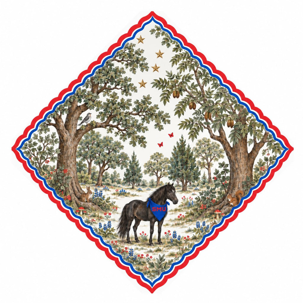 SMU Honey Paw flat artwork: Woodland Collection scene with the Mustang, Texas oaks, pecans and bluebonnets
