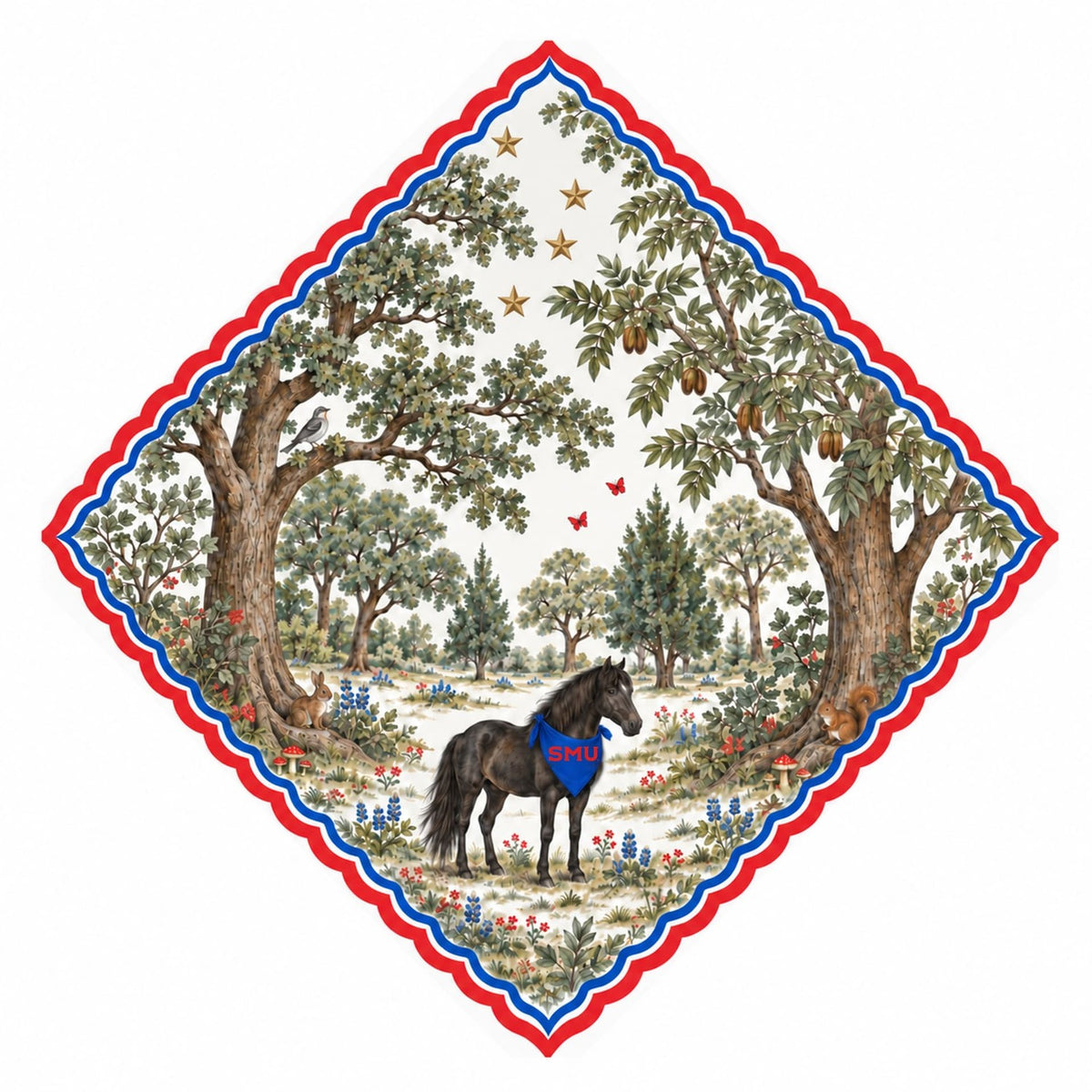SMU Honey Paw flat artwork: Woodland Collection scene with the Mustang, Texas oaks, pecans and bluebonnets