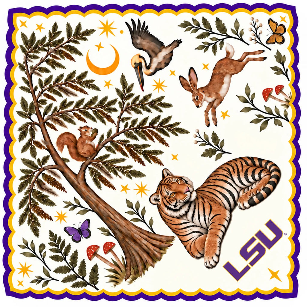 Honey Paw: Louisiana State University woodland artwork with tiger, pelican, hare and squirrel