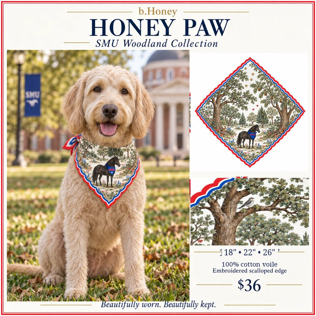 SMU Honey Paw product board: dog model, flat Woodland Collection artwork, embroidered scalloped edge detail, 18, 22 and 26 inch squares in 100% cotton voile