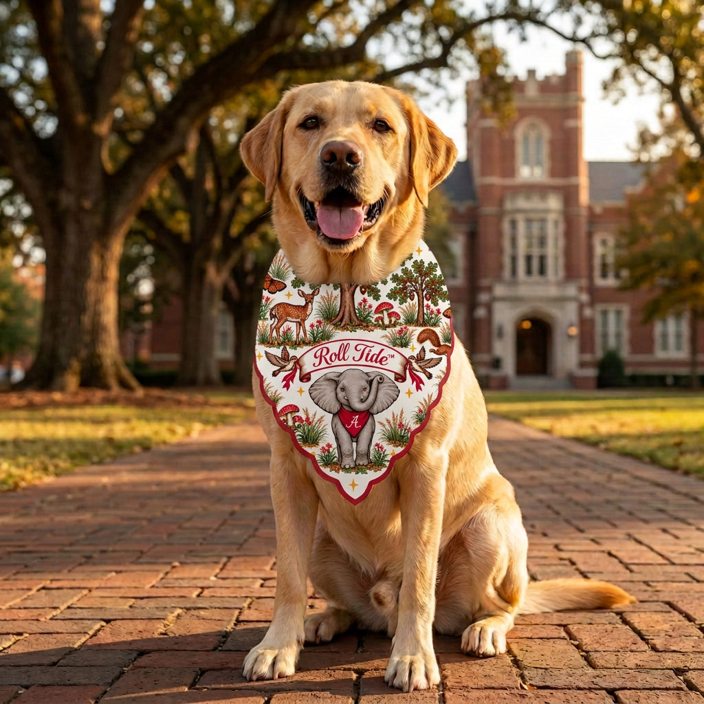 Yellow Labrador wearing the Alabama b.Honey Paw, elephant and Roll Tide banner upright at the bandana point, on a brick campus walkway