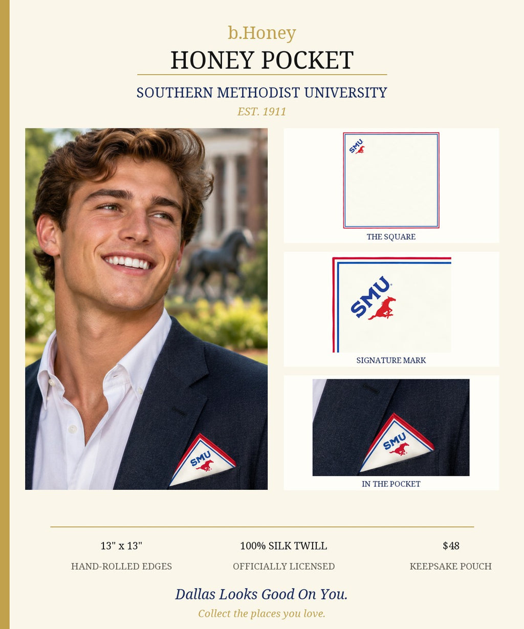 Honey Pocket: Southern Methodist University product board with flat square, signature mark and in-pocket detail