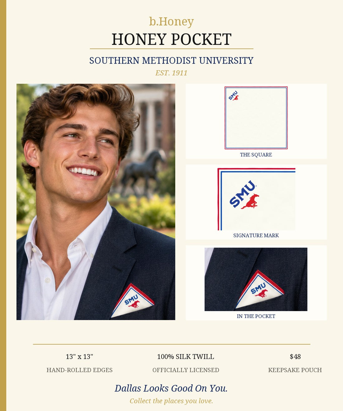 Honey Pocket: Southern Methodist University product board with flat square, signature mark and in-pocket detail