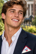 Model wearing the Honey Pocket: Southern Methodist University silk pocket square in his navy jacket