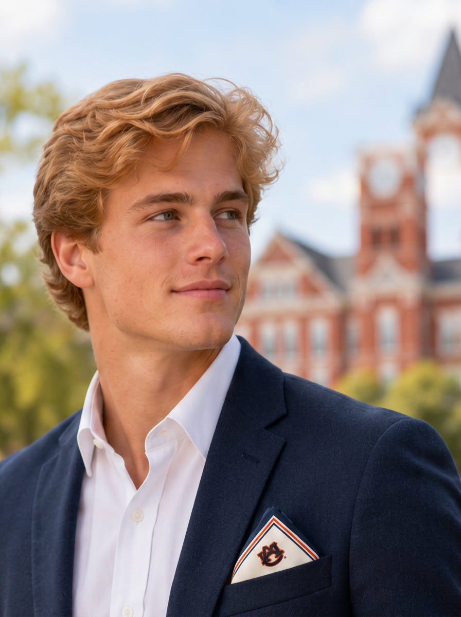 Auburn man in a navy blazer wearing the Auburn b.Honey Pocket in a point fold