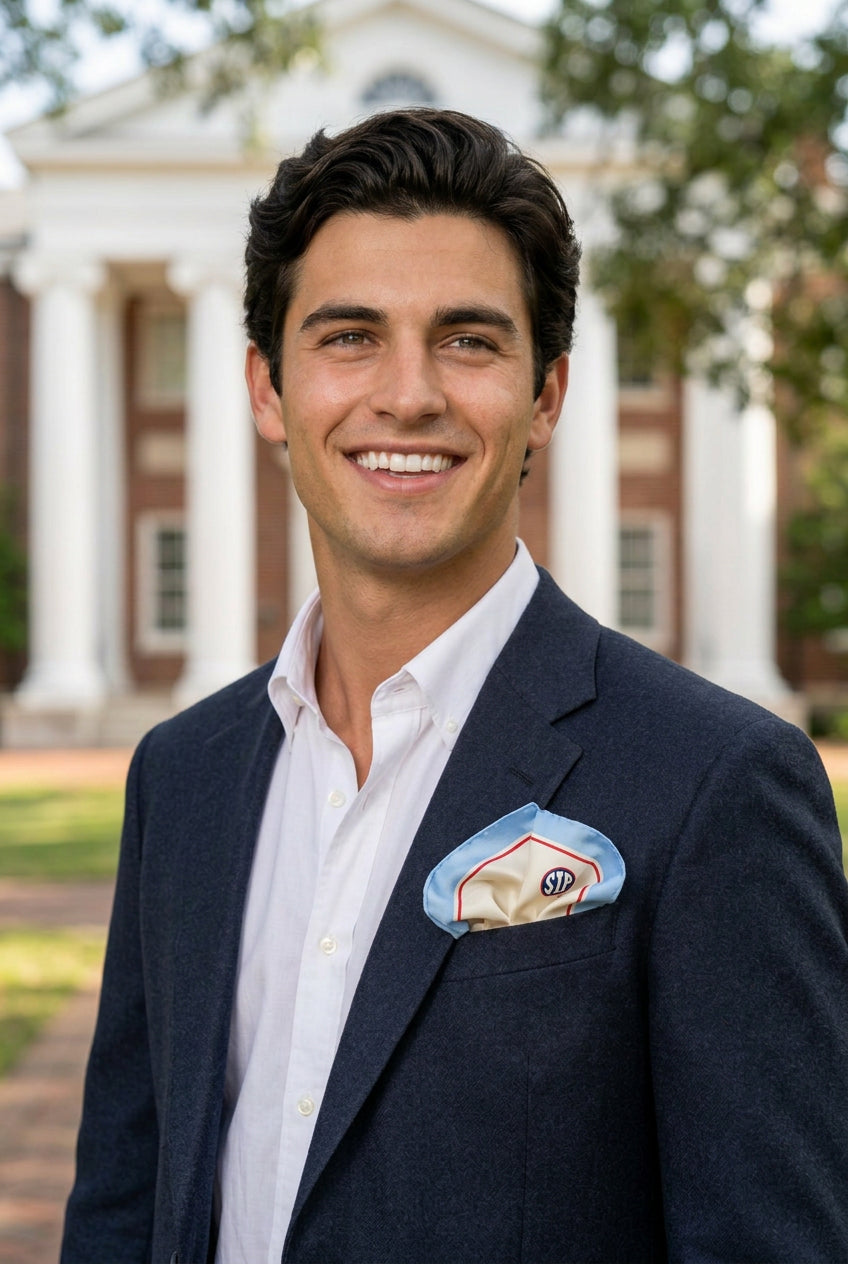 Same man wearing the Ole Miss b.Honey Pocket in a puff fold