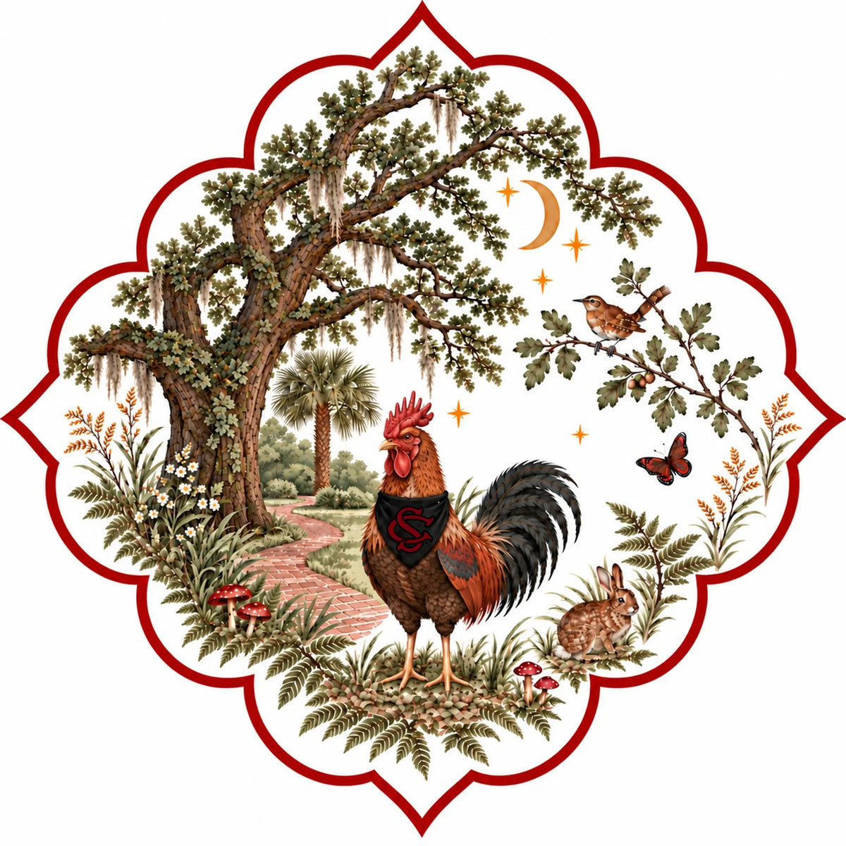 Honey Paw South Carolina flat artwork: live oaks, palmetto, crescent moon, wren, hare and the gamecock in a garnet SC bandana inside a red quatrefoil border
